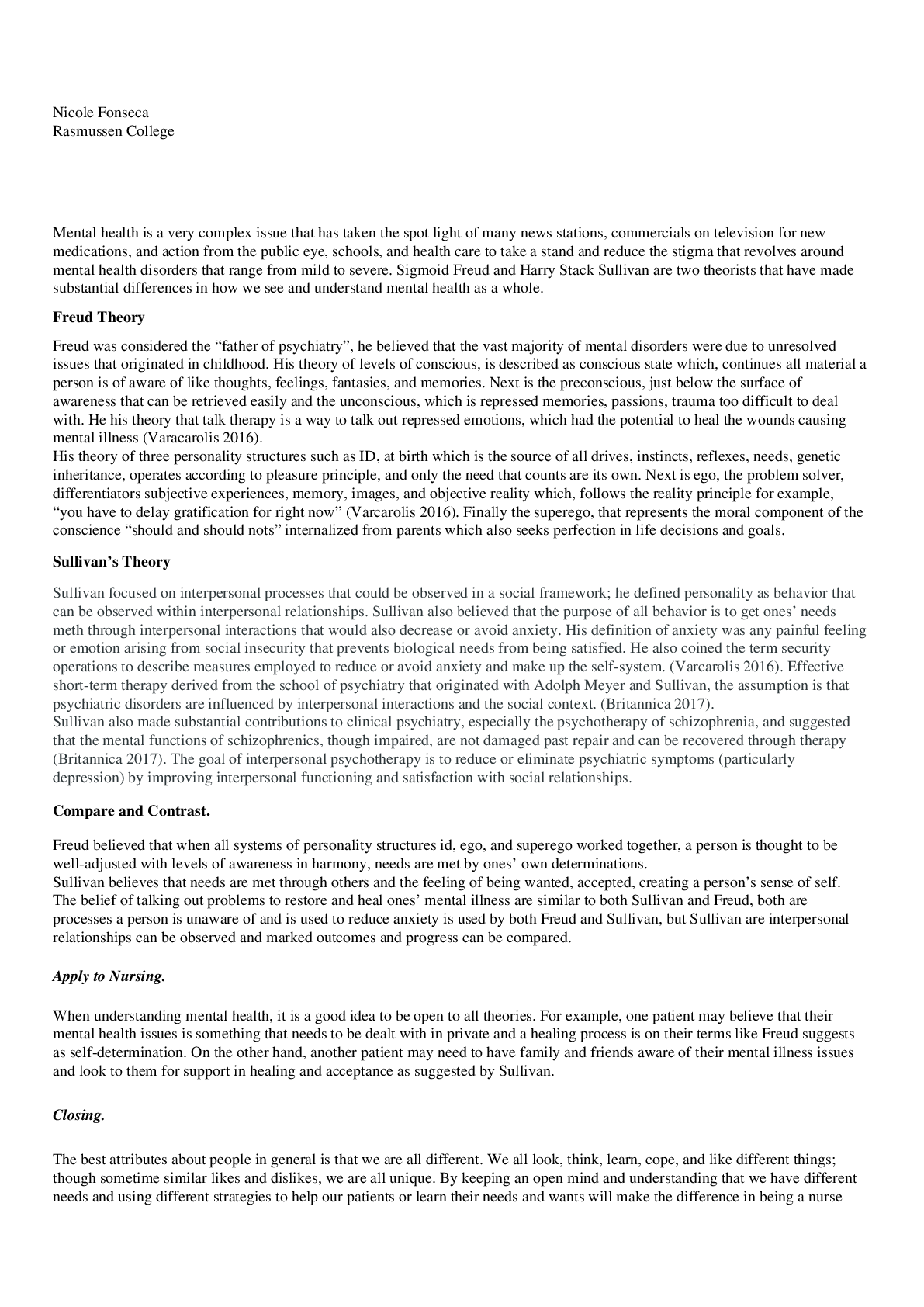 Preview of Mental Health Theories of Freud and Sullivan